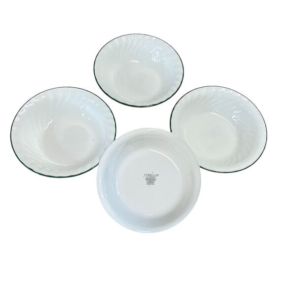 Set Of 4 Corelle White Swirl Rimmed Soup Bowls With Green Trim 6.25" Diameter Du - Picture 5 of 6